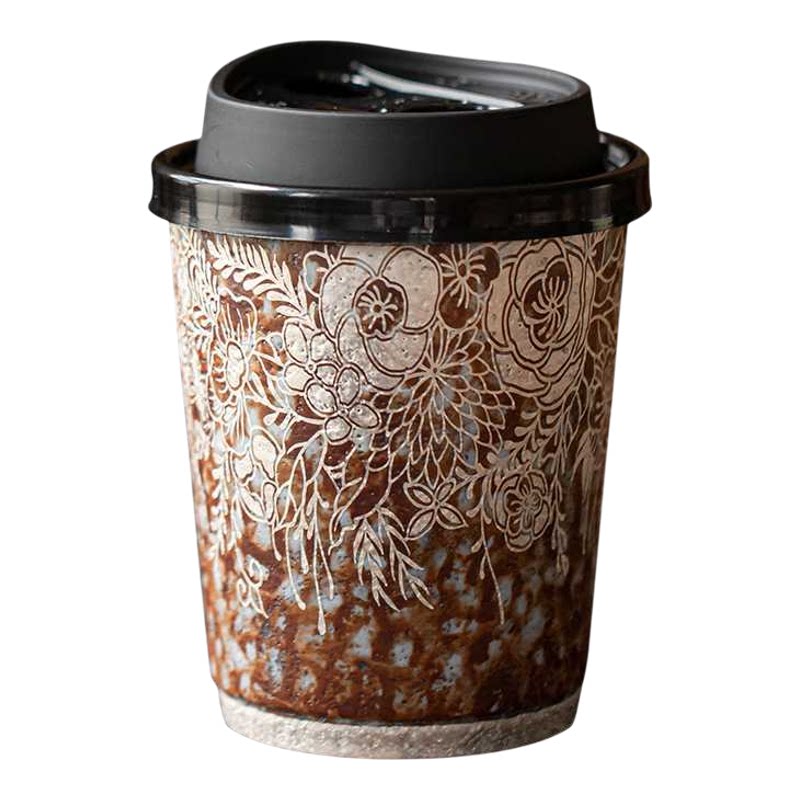 老岩泥繁花鎏银咖啡杯复古家用办公室大号粗陶水杯随手杯可乐杯