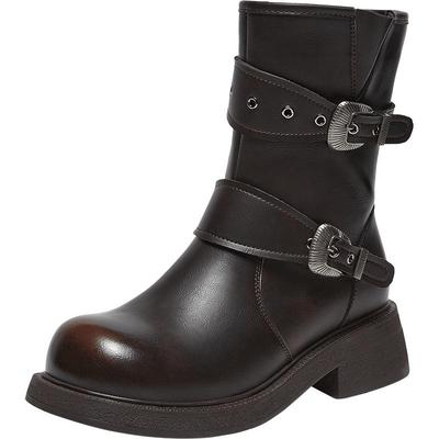 百思图2025冬季新款英伦西部靴复古粗跟马丁靴女中筒靴W9201DZ5