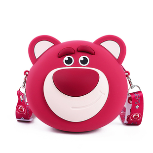 新款正版迪士尼草莓熊可爱斜挎包硅胶儿童卡通零钱包三眼仔包包女