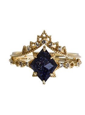 蓝砂石皇冠戒指丝S925银2件套