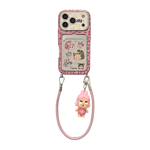 粉色豹纹搞怪哭娃卡包可插卡适用苹果18promax手机壳iphone17pro女新款16pro大视窗15手拎挂绳14防摔保护套13