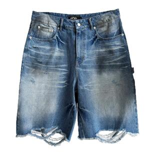 Human Voices水洗破坏脏喷金属装饰伐木牛仔短裤宽松直筒六分裤
