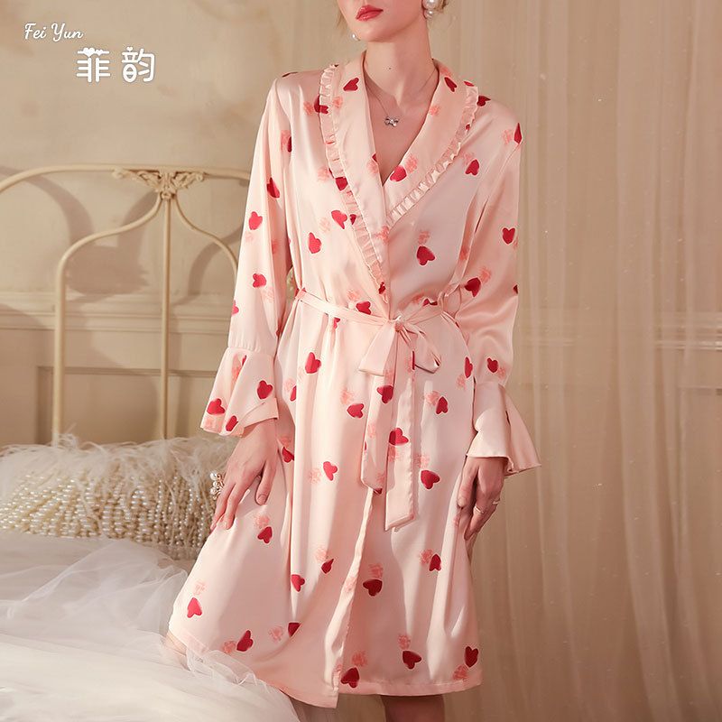 菲韵夏秋款居家冰丝睡衣 女爱心缎面睡袍家居服新娘伴娘团晨袍529