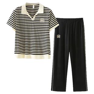 妈妈时尚休闲运动套装夏季新款洋气短袖条纹polo衫九分裤子两件套