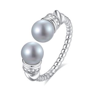 akoya海水珍珠双珠戒指女开口可调节真多麻色灰珠轻奢高级感指环