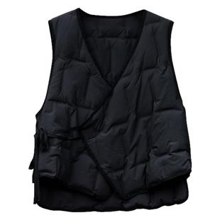 知笔墨秋冬黑色轻薄改良汉服系带羽绒马甲 菱格坎肩打底背心女士