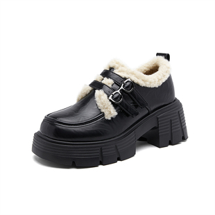 依思q加绒小皮鞋女2025冬季新款加厚保暖毛毛棉鞋黑色厚底乐福鞋