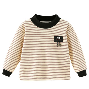 男童加绒打底衫秋冬款儿童加厚保暖上衣小男孩宝宝条纹半高领T恤