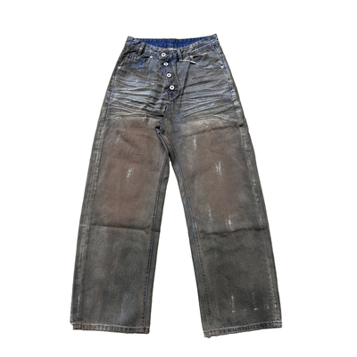 刷银蜡蓝水洗baggy斜门襟牛仔裤