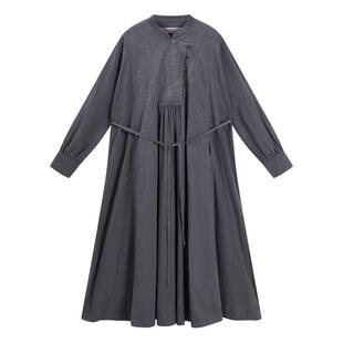 EXCEPTION例外女装2025冬季新品立领打褶设计宽松中式绣花连衣裙