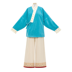 花朝记|霜蓝|明制对穿交弓袋袖加绒短袄提花口袋直筒裤秋冬日常