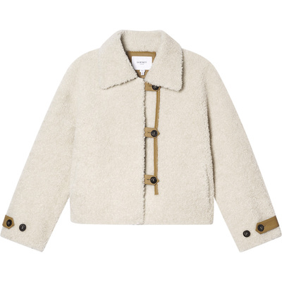 LK BENNETT米白色100%绵羊毛外套2025冬新款皮革扣英伦风宽松短款