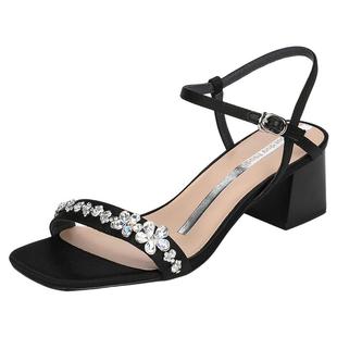 saturdaymode一字带凉鞋女26夏季爆款水钻粗跟小众设计休闲高跟鞋