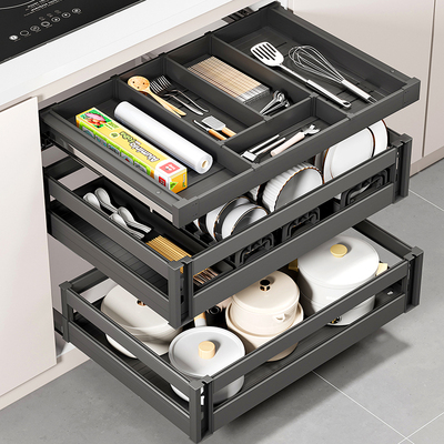 拉篮厨房橱柜三层开门式抽屉式碗碟篮铝合金碗架锅架收纳碗碟碗篮