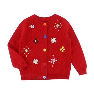 DUMENGDUO洪叶云台100%山羊绒女童毛衣红色开衫外套儿童羊绒衫厚