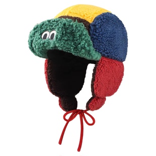 可爱亲子款多巴胺拼色羊羔绒雷锋帽男女冬季加厚保暖系带护耳帽子