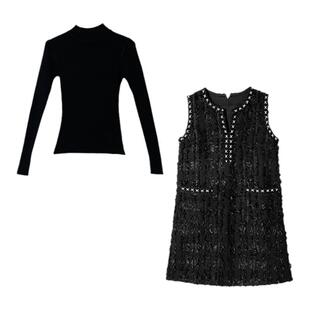 dfvc黑色名媛小香风背心裙女春季2026新款流苏小个子连衣裙两件套