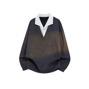 WASSUP NURAYA美式假两件衬衫领卫衣男春季潮牌宽松休闲针织上衣