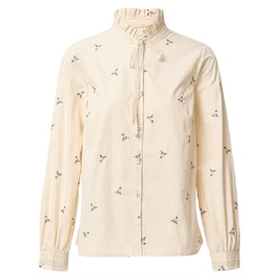 Famecoco折扣店文艺复古花朵刺绣衬衫木耳边立领衬衣FAB8BH025