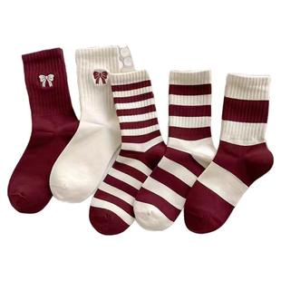 2026网红新年红袜安可拉条纹中筒蝴蝶结酒红色miu系少女风本命年