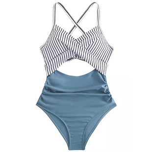 欧美新款性感镂空遮肉显瘦三角连体泳衣女大码胖MM200斤露背泳装