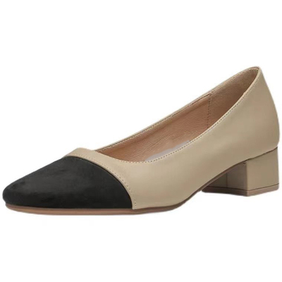 拼色小香风粗跟单鞋女