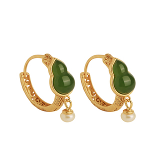 和田玉碧玉葫芦纯银耳环耳扣女新中式国风绿色玉耳饰耳钉生日礼物