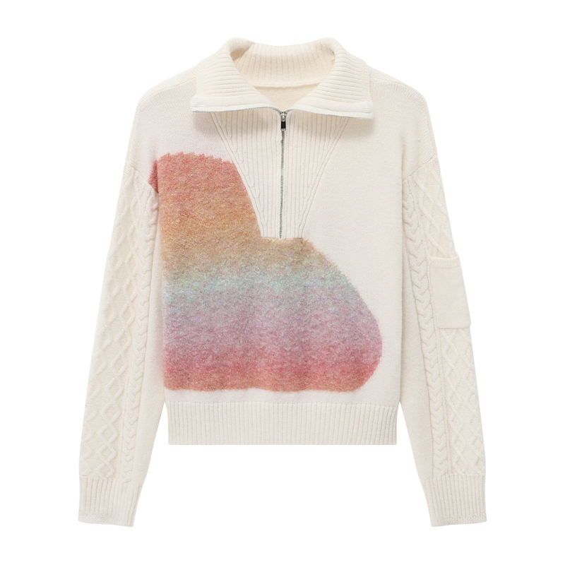 Basic House/百家好半拉链晕染拼接毛衣冬季设计感套头落肩上衣女