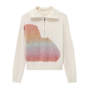 Basic House/百家好半拉链晕染拼接毛衣冬季设计感套头落肩上衣女