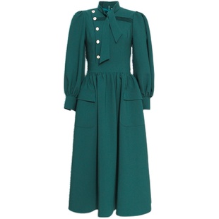 希区瑞普高端法式复古连衣裙女赫本风长袖长裙气质伞裙红色春秋