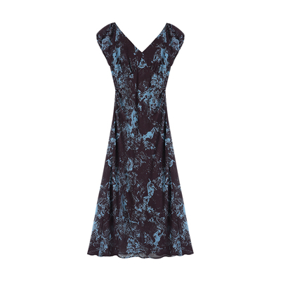 Maven Lin 高阶智性大女主|气质花苞袖v领连衣裙女雪纺收腰包臀裙