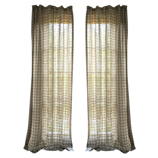 新款色织绿色格子亚麻窗帘定制 田园小清新风甜品店飘窗天然窗纱