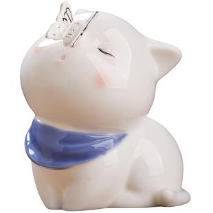 陶瓷可爱小猫咪摆件办公室工位解压治愈系桌面动物轻奢招财装饰品