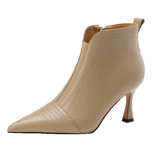 气质~巨好看真皮头层牛皮短靴女单靴裸靴尖头细高跟百搭杏色时尚