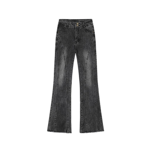 设计感黑灰色毛边微喇牛仔裤女秋冬新款胖妹妹mm高腰弹力显瘦长裤