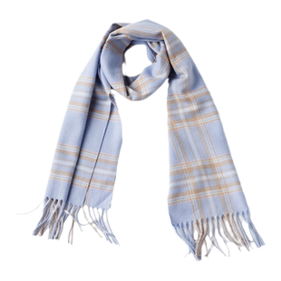 圣雪绒秋冬新款100%山羊绒苏格兰浅蓝格纹流苏围巾