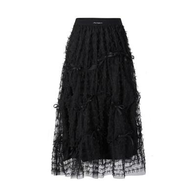 蝴蝶结系带肌理蕾丝长款半身裙