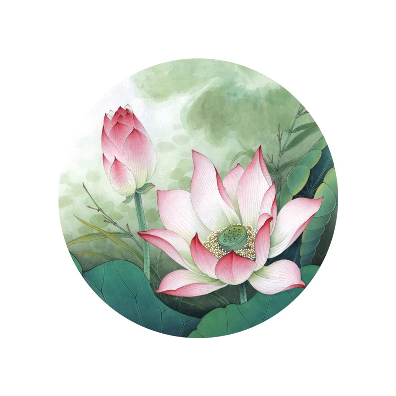 現(xiàn)代新中式玄關圓形畫芯手繪水墨荷花圖庫墻紙壁紙壁畫背景墻國畫