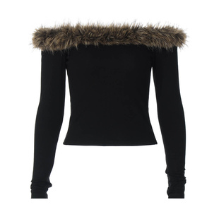 gusty秋冬欧美辣妹风性感一字肩毛领长袖上衣+环保皮草豹纹包臀裙