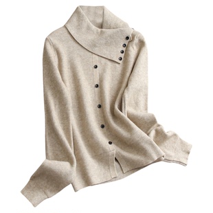 斜翻领单排扣弹力修身套头针织衫2025秋冬新款女长袖打底毛衣M905