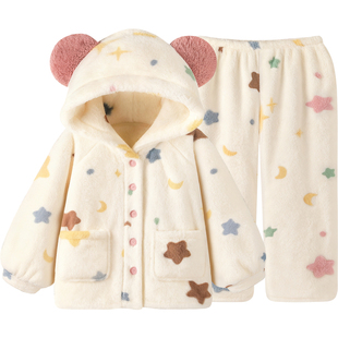 【超柔软】珊瑚绒睡衣女款冬季加厚保暖可爱星星少女家居服套装