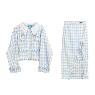 KEIKO 小香风蓝白格子时尚套装秋季新款法式短款外套+开叉半身裙