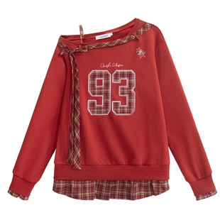 UNIFREEPLUS大码红色斜肩长袖卫衣假两件宽松格子拼接复古球衣