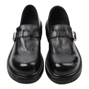 【特价】高品质手工鞋进口牛皮圆头平底扣环黑色浅口女乐福鞋