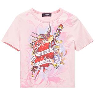 Ed Hardy埃德哈迪玫瑰流行色修身炒雪花春季新款女士短袖T恤