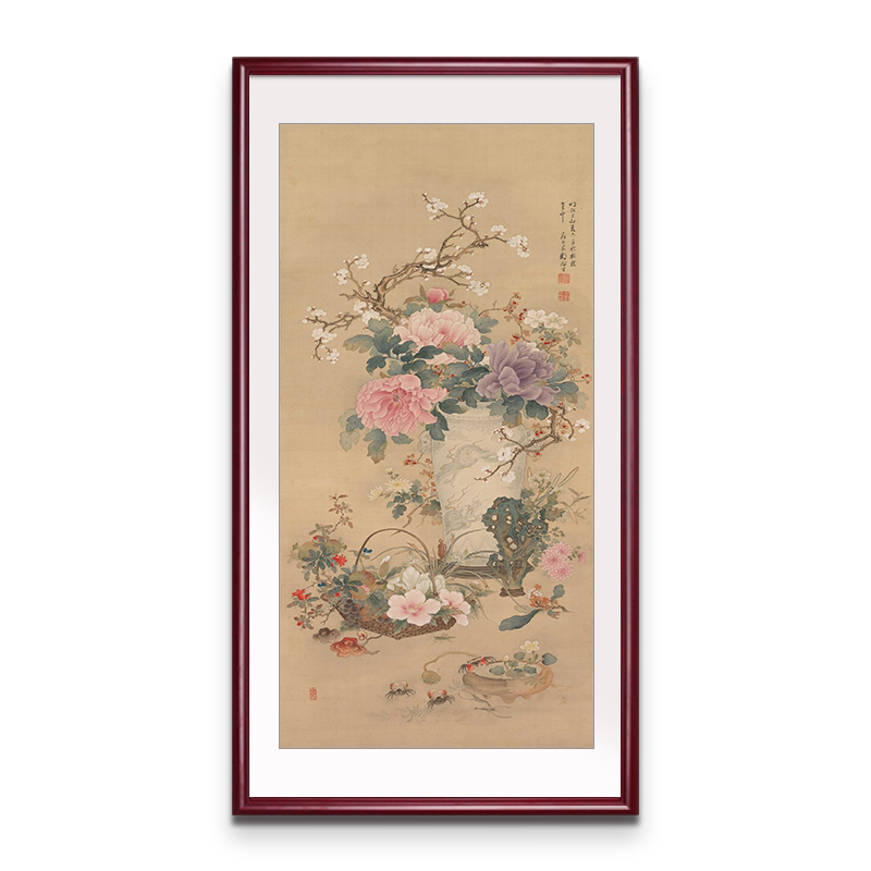 古典花卉竖版玄关画实木框装裱