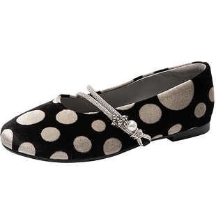 MIO米奥单鞋女春季平底一脚蹬一字船鞋带复古圆头波点玛丽珍