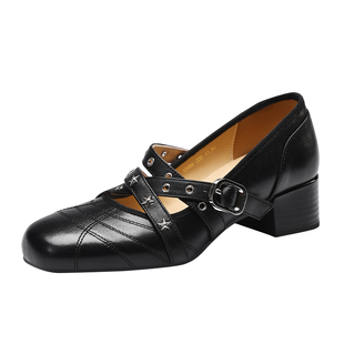 MILLIE'S/妙丽复古玛丽珍鞋女款单鞋黑色皮带扣浅口春季新款粗跟