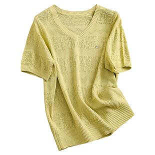 「让肌肤不再闷热」轻柔透气镂空薄款凉感V领短袖女装针织衫L027