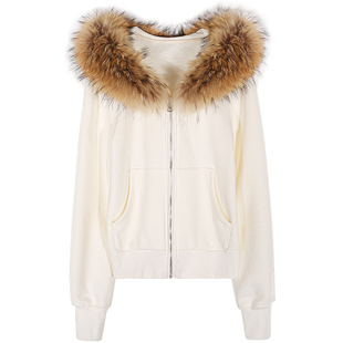 今屿花花 卫衣女2025新款加厚加绒开衫连帽外套大毛领小个子白色